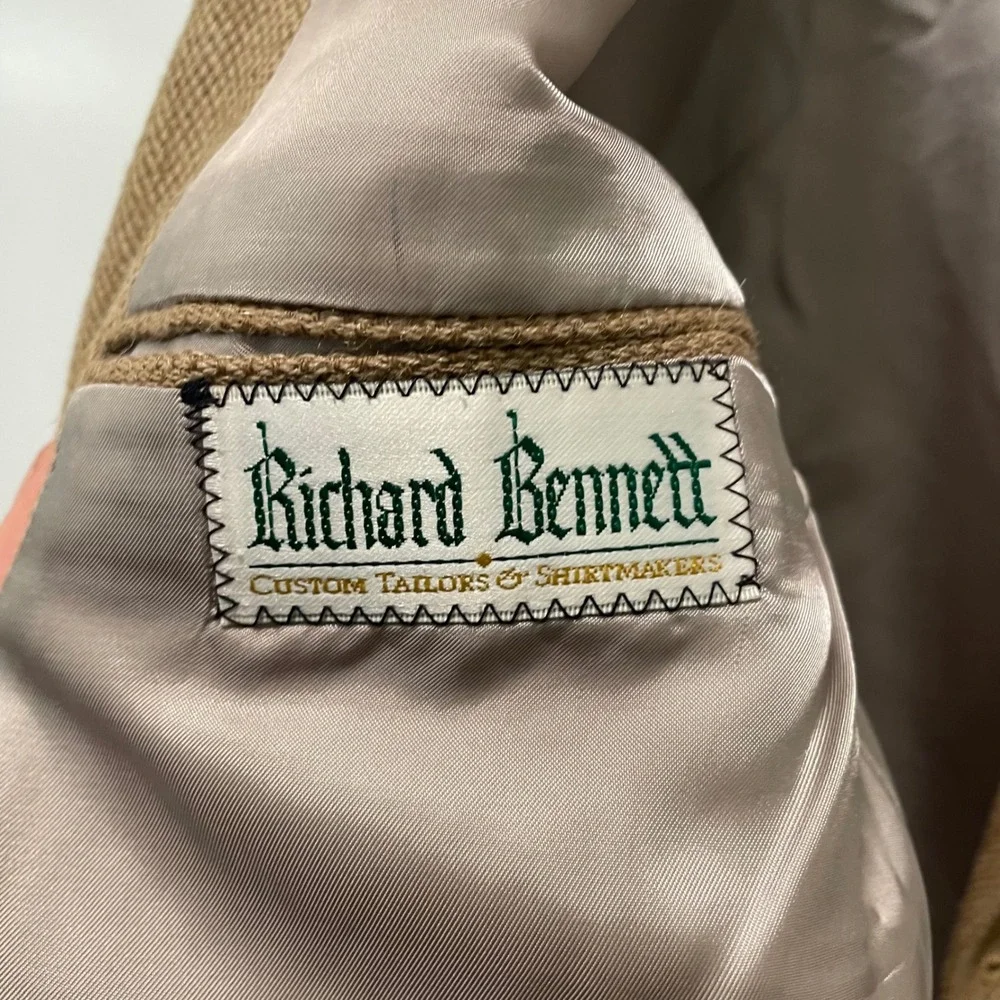 Richard Bennett Mens Tan Herringbone Custom Tailored 3-Button Blazer Sport Coat